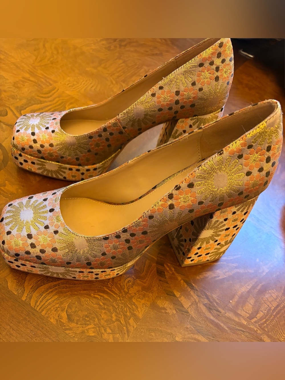 Katy Perry Collections Pink Gold Floral Platform Block Heels - Picture 2 of 14